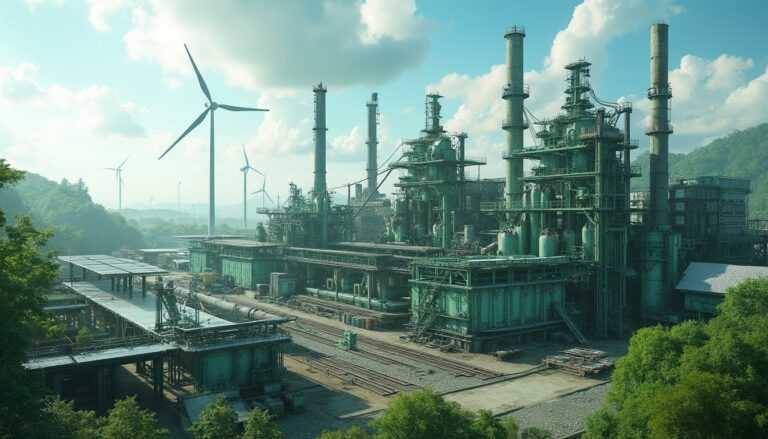 Industrial facility with tall chimneys and wind turbines in the background, surrounded by greenery.