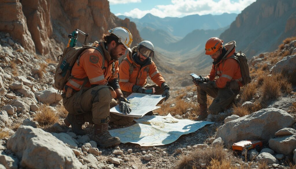 Three hikers in orange jackets study a map in rocky mountain terrain under a clear sky.