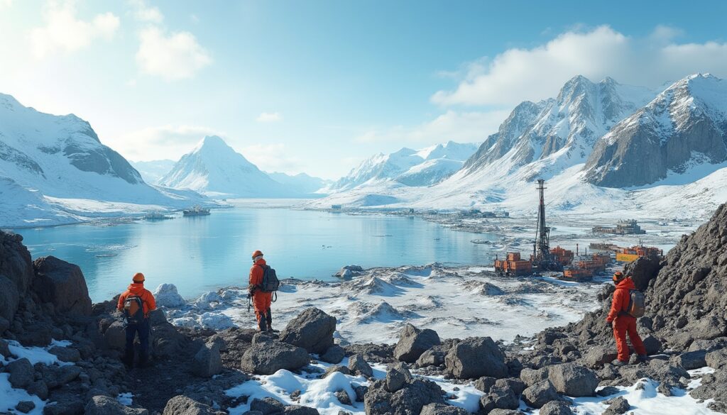 Explorers in orange gear stand on snow-covered rocks, overlooking a remote arctic landscape and sea.