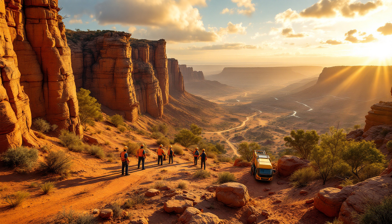 Hamelin Gold Ltd-HMG-Hikers explore a sunlit canyon with towering red cliffs and a van parked nearby.