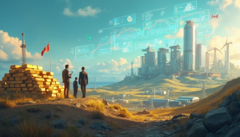 Three people stand before a futuristic industrial landscape with digital charts in the sky.