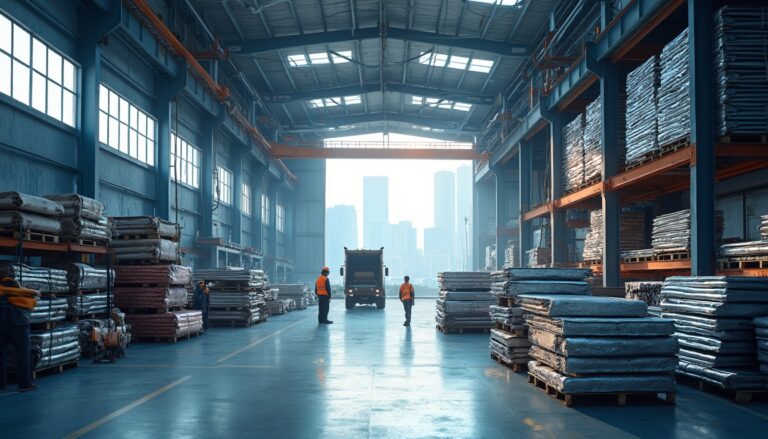 Workers and truck inside a large warehouse full of stacked metal sheets.