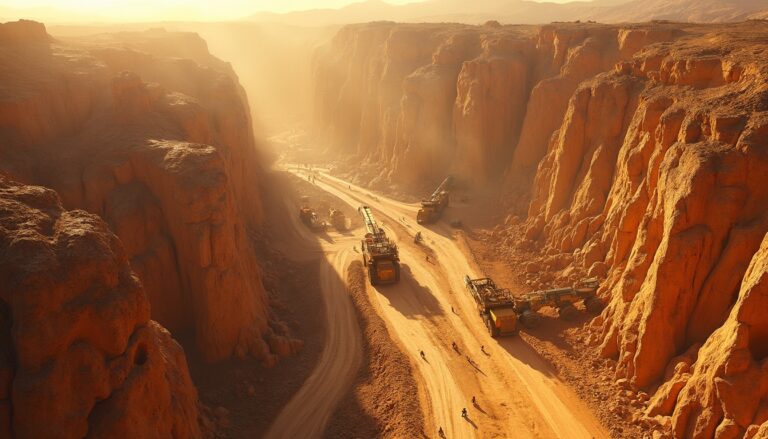 Desert canyon with large vehicles and people under a golden sunset.