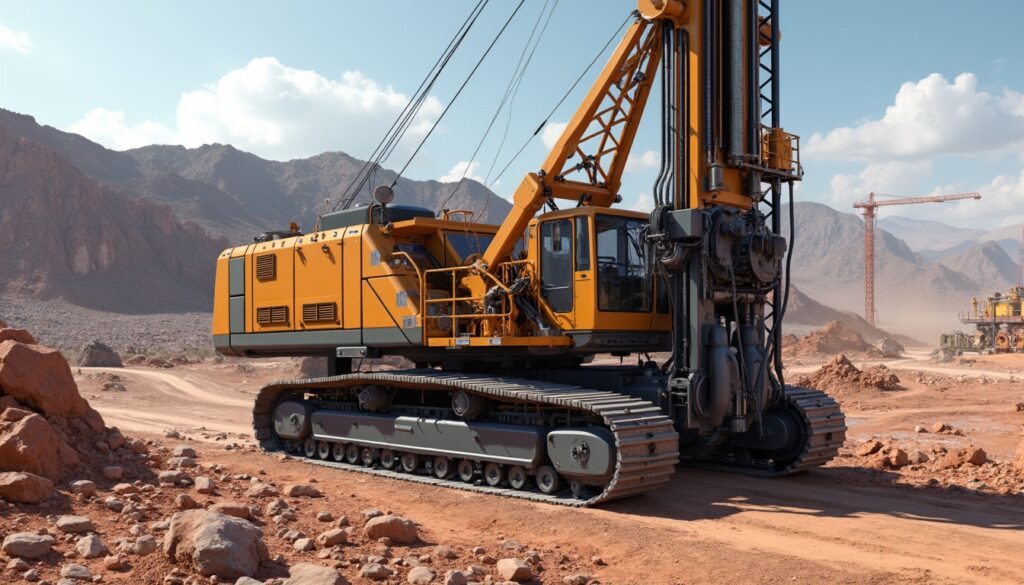 Large yellow construction drill in a rocky desert landscape with mountains in the background.