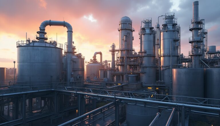 Industrial refinery with metal towers and pipes at sunset, under a partly cloudy sky.