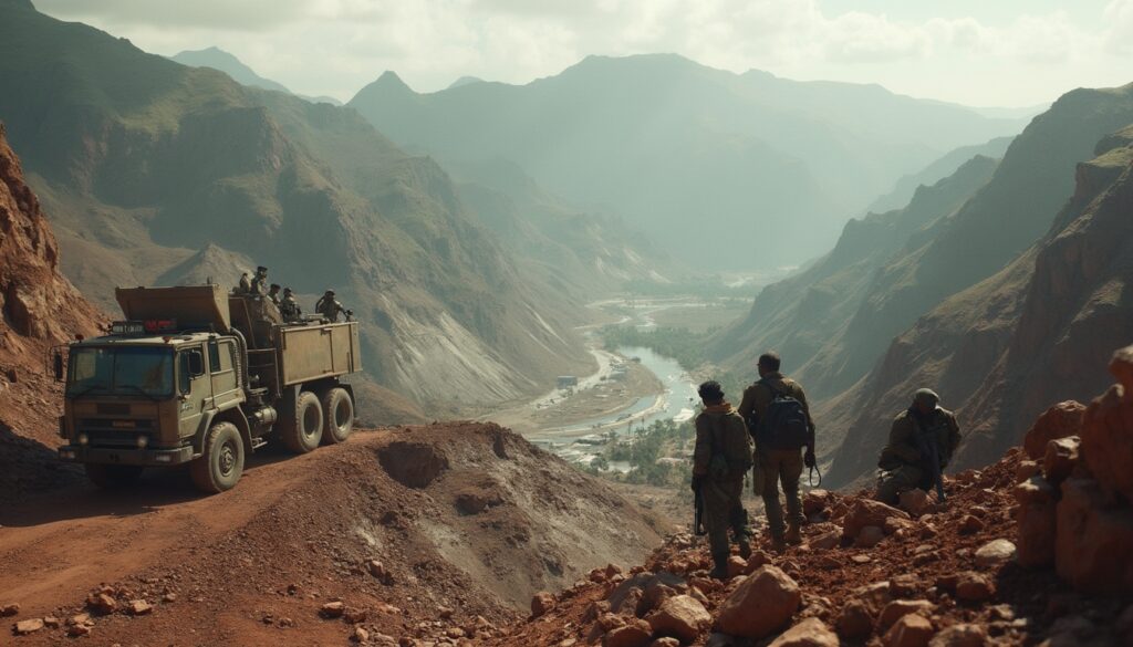 Military truck and soldiers in rugged mountain terrain, overlooking a winding valley road.