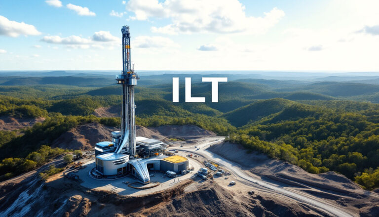 Iltani Resources Ltd-ILT-A futuristic drilling rig stands amidst forested hills under a clear blue sky.