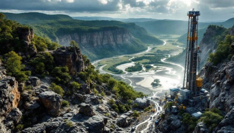 Iltani Resources Ltd-ILT-Oil rig among rocky cliffs and lush greenery near a winding river under a cloudy sky.