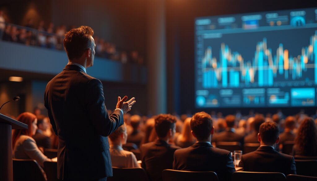 A presenter in a suit speaks to an audience, with a large screen displaying data graphs.