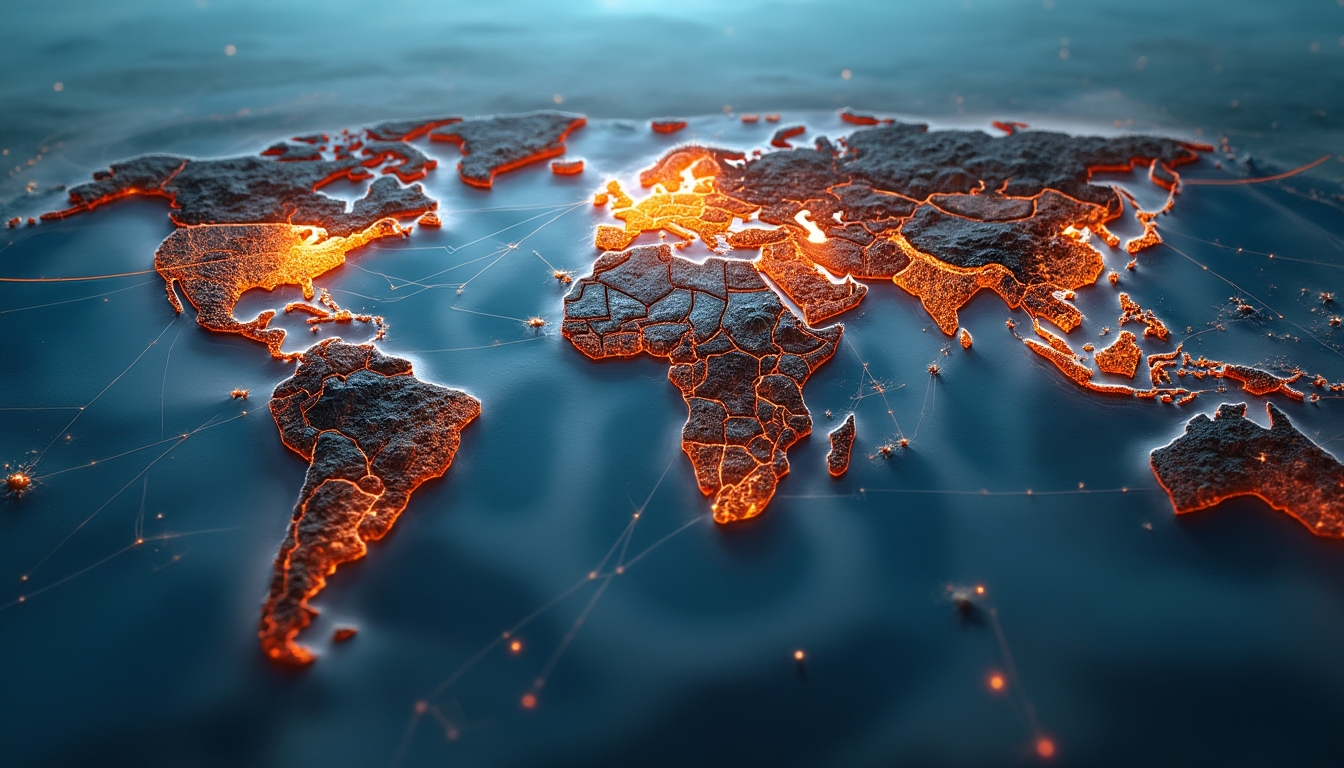 Glowing world map with network connections illuminated in orange on a blue background.