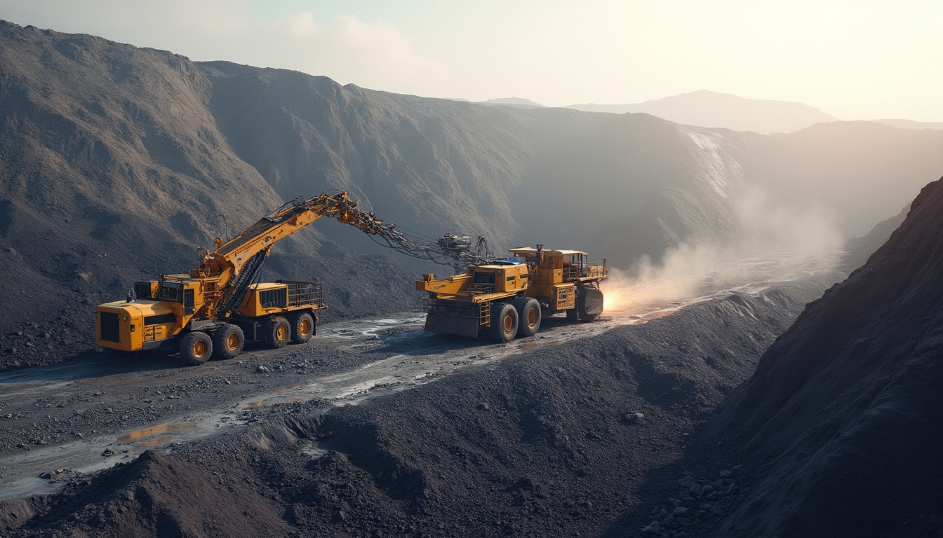 Two large yellow mining vehicles on a dusty road between rugged, rocky cliffs under a hazy sky.