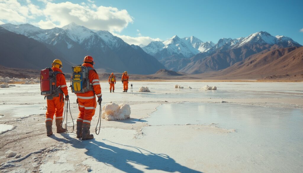 Expedition team in orange suits explores a frozen landscape with snowy mountains in the background.