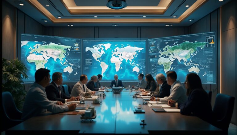 People in a conference room with world maps displayed on large screens.