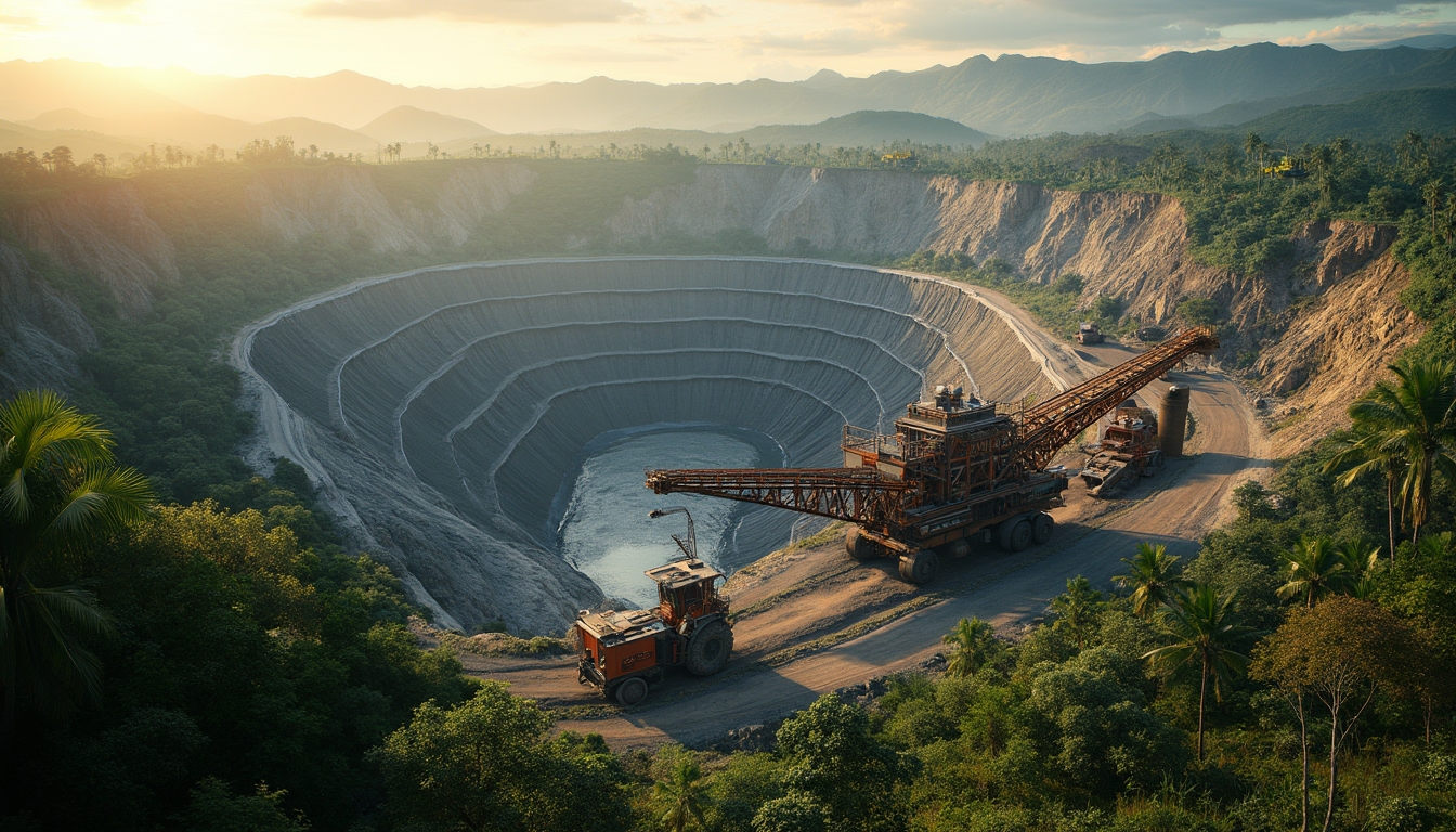 Open-pit mine with large machinery surrounded by lush greenery and mountains at sunrise.