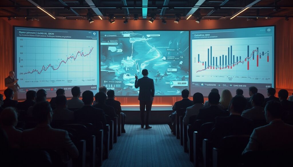 Man presents data on multiple screens to an audience in a conference room.