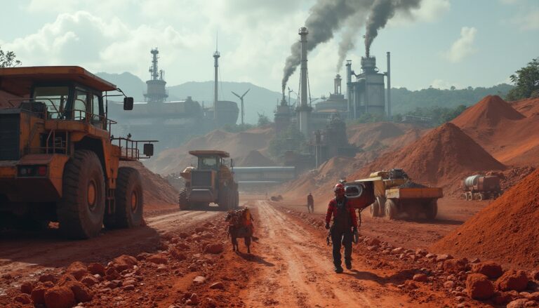 Mining site with heavy machinery, red earth, workers, and industrial buildings emitting smoke.