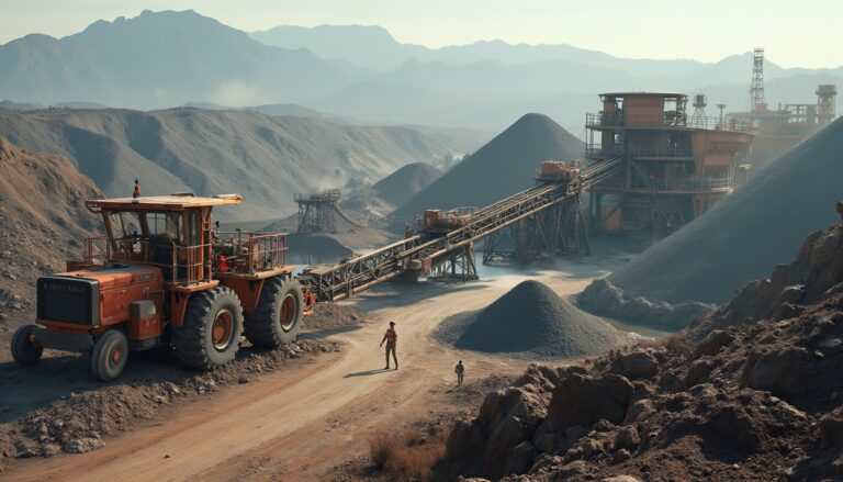 Industrial mining site with machinery, conveyor belt, and large gravel piles under a hazy sky.