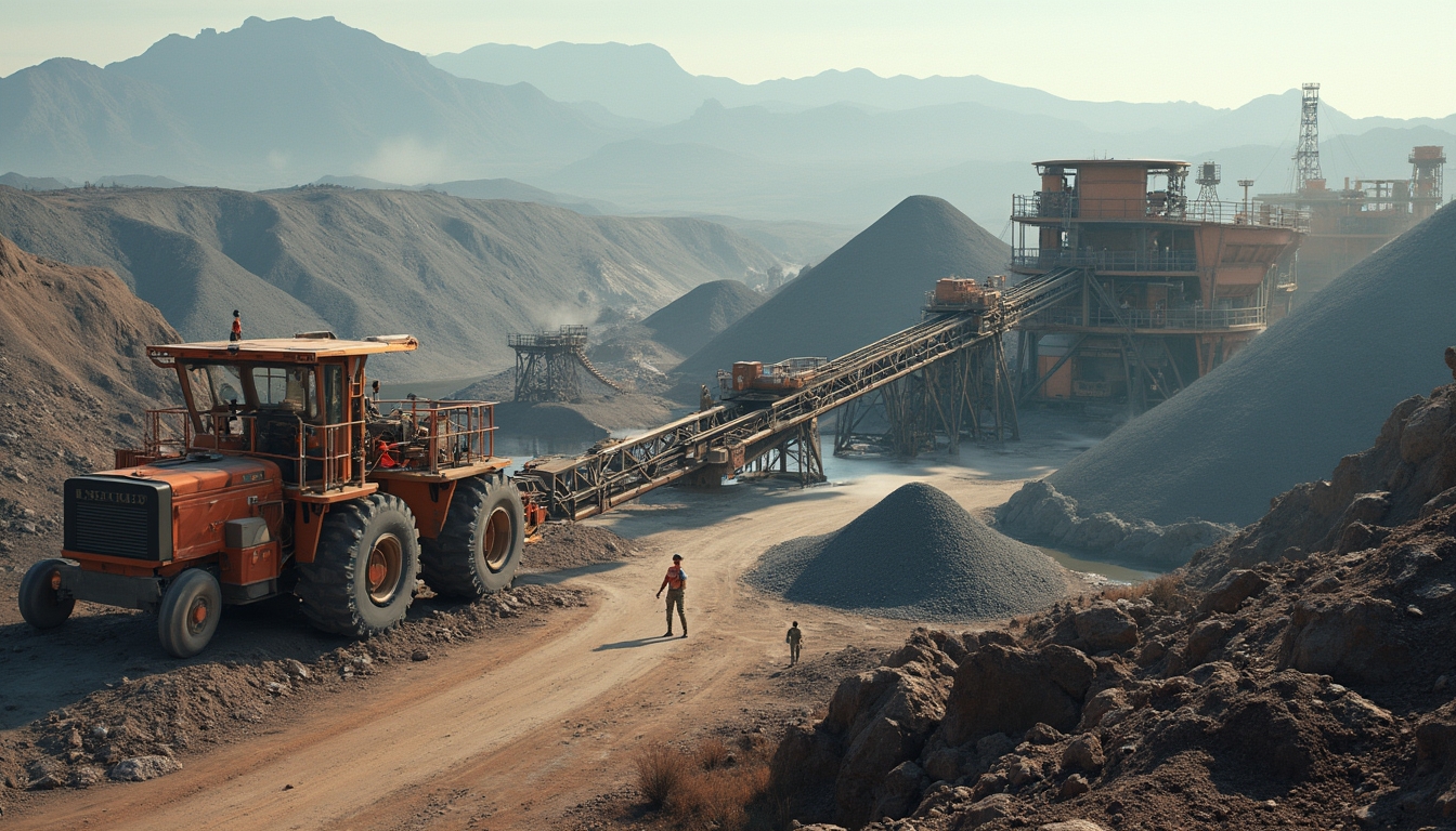 Industrial mining site with machinery, conveyor belt, and large gravel piles under a hazy sky.