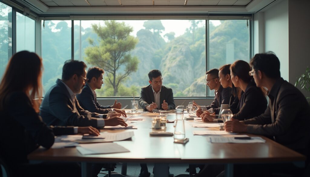 Business meeting with eight people around a conference table, a scenic view outside the window.