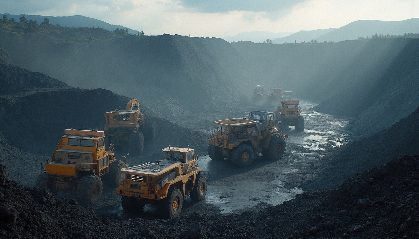 Heavy machinery operates in a dusty quarry under dramatic sunlight.