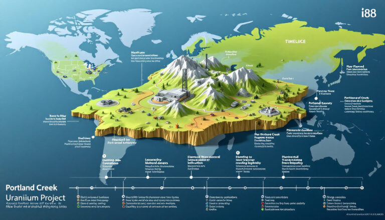 Infini Resources Ltd-I88-3D map of Portland Creek Uranium Project with labels and timeline overlaid on a globe.