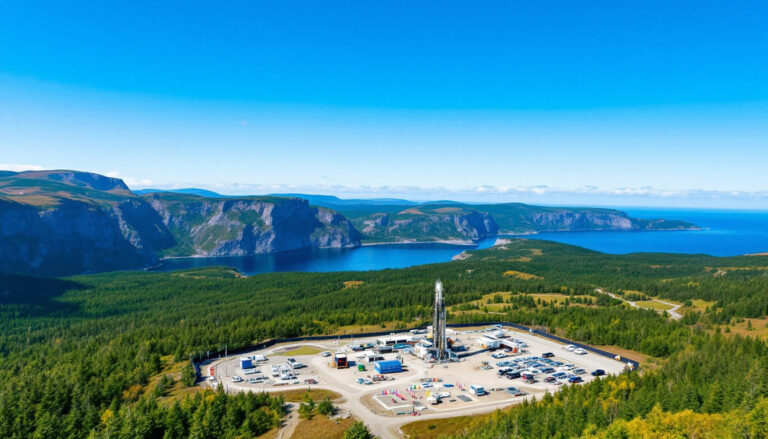 Infini Resources Ltd-I88-Aerial view of a drilling site surrounded by forest, with cliffs and a blue sea in the background.