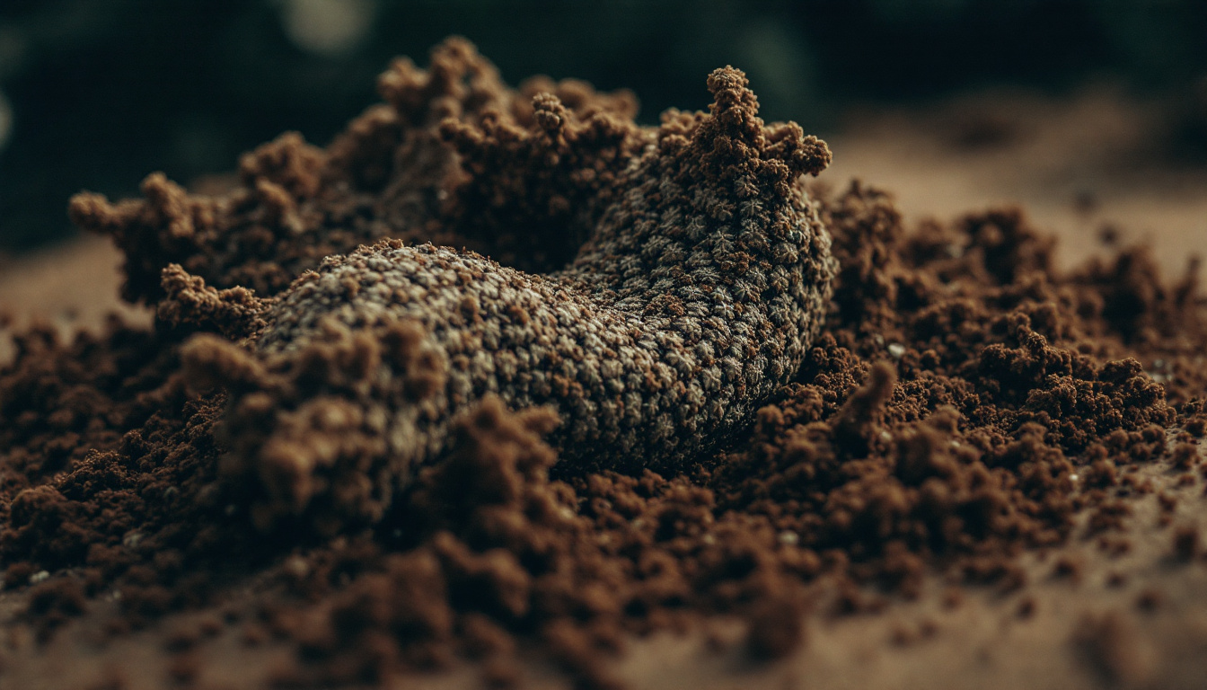 Infini Resources Ltd-I88-Close-up of a textured, curled-up caterpillar on a bed of brown soil.