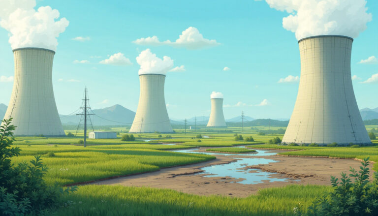 Infini Resources Ltd-I88-Cooling towers with steam, surrounded by lush green fields under a clear blue sky.