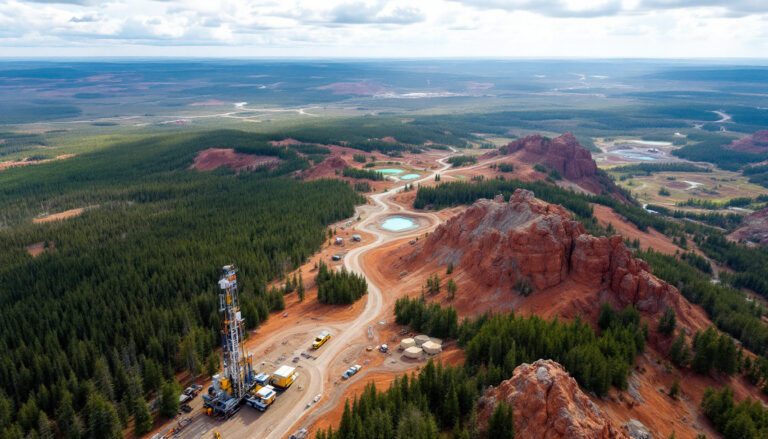 Infini company limited-i88-Aerial view of red rock formations, forests, and a drilling site with equipment in the foreground.