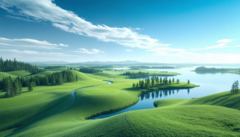 Infini company limited-i88-Lush green hills, serene river, and distant mountains under a clear blue sky.