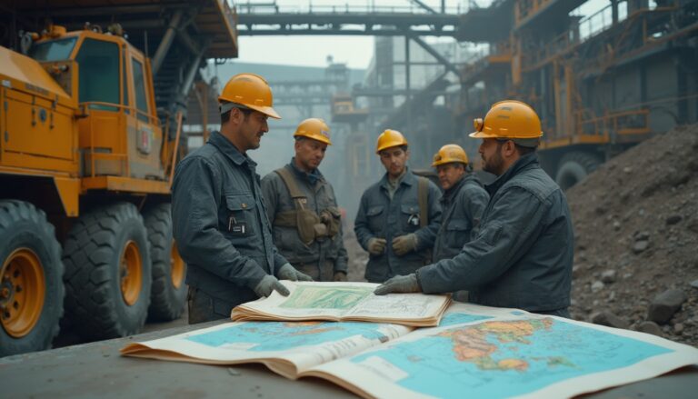 Workers in helmets examine maps at a construction site with heavy equipment in the background.