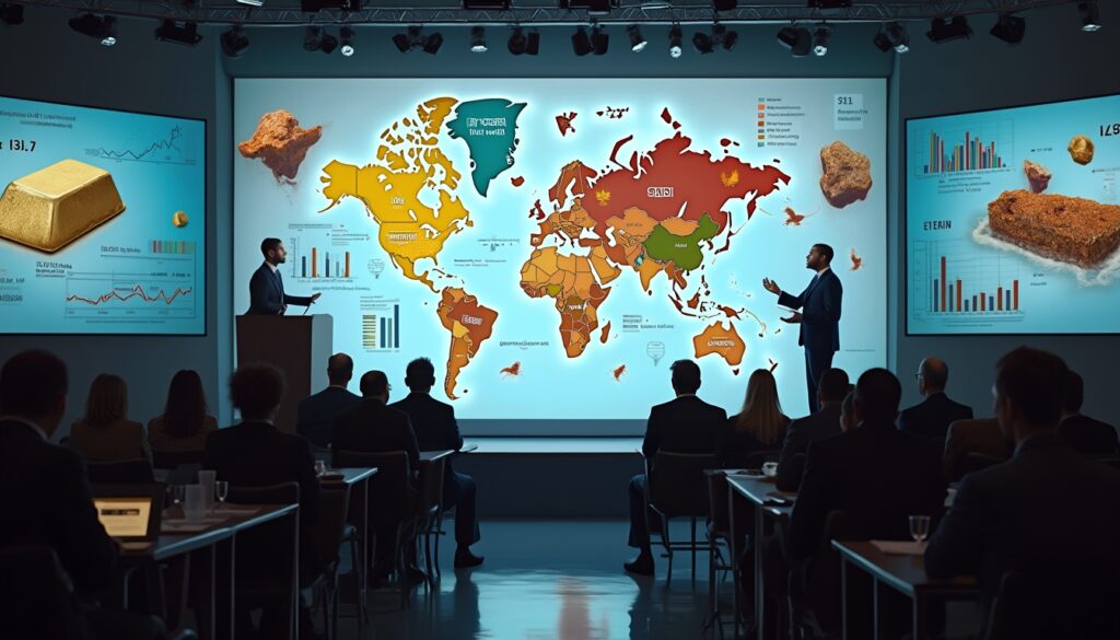 Two presenters discuss a colorful world map in front of an audience, with graphs and charts displayed.