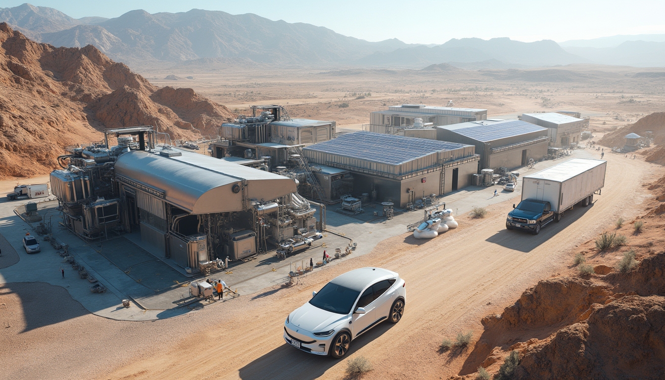 Desert factory with solar panels, large trucks, and a white car on a sandy road, mountains in background.