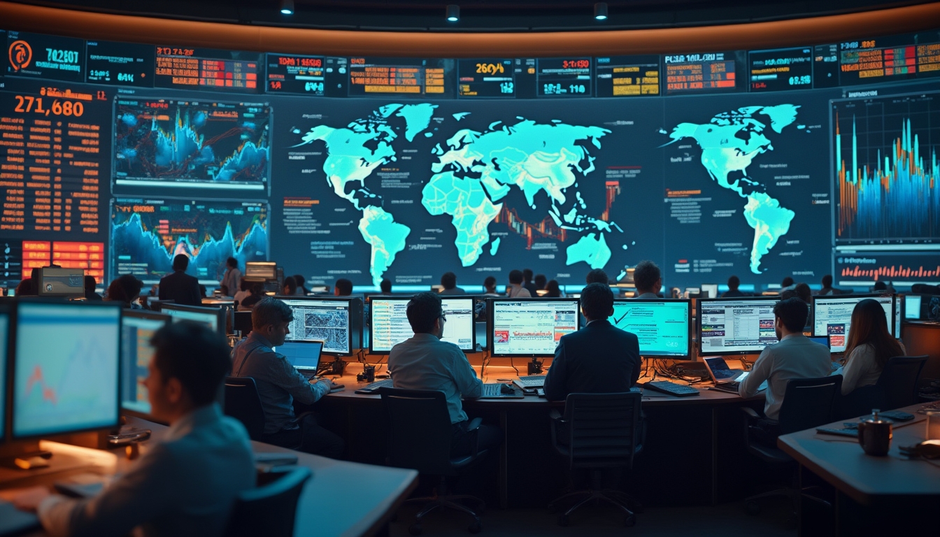 People at workstations monitor data on large screens in a control room.