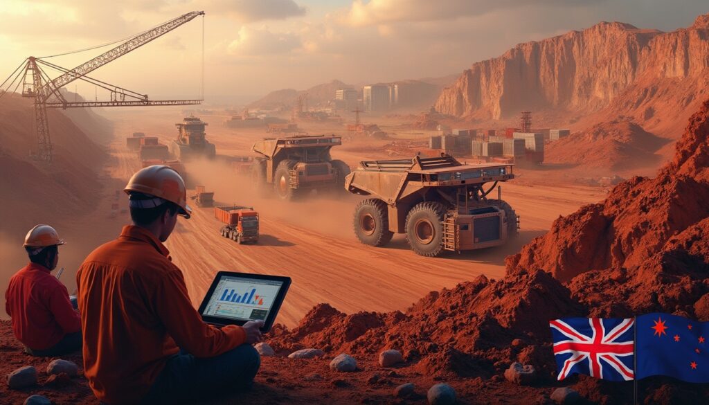 Mining operation with trucks and workers, one viewing data on a tablet, flags in foreground.