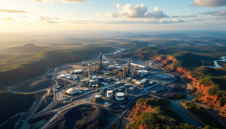 John's Group Limited-JHN-Aerial view of an industrial complex surrounded by mountains and a river at sunset.