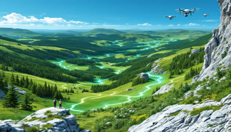 John's Company LTD-JHN-Lush green valley with glowing streams, people on a rock, and drones flying in the sky.