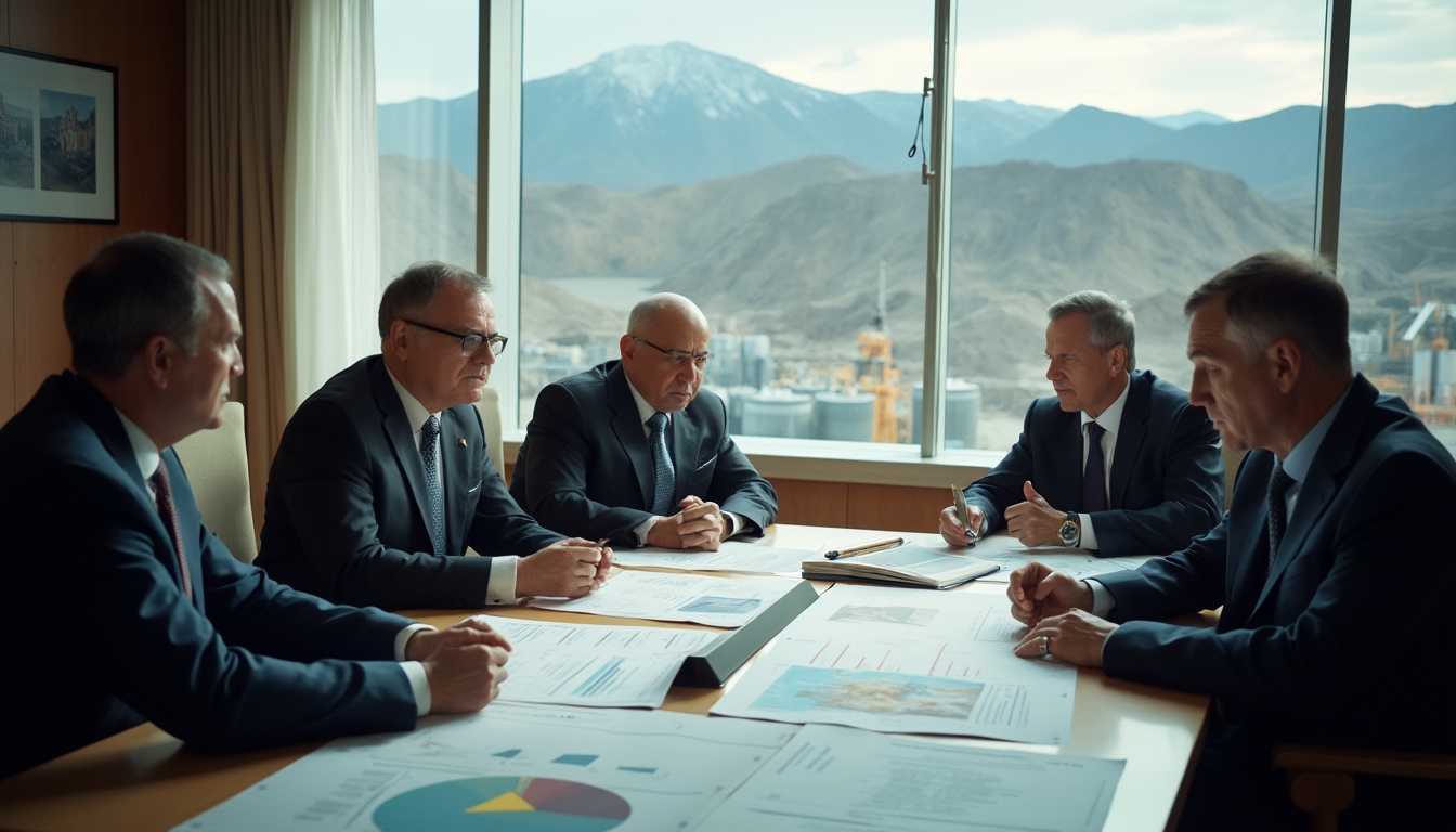 Five men in a meeting room with large windows showing a mountainous landscape in the background.