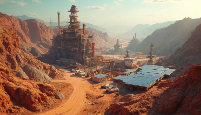 Industrial complex in a rocky desert landscape with solar panels and rugged terrain.