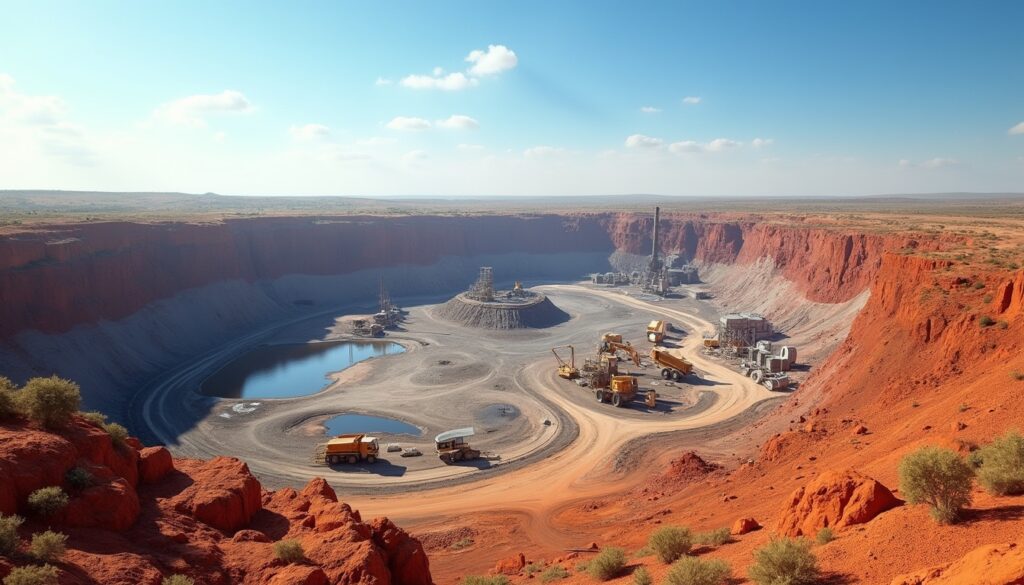 Open-pit mine in a red desert, with machinery and a clear blue sky.