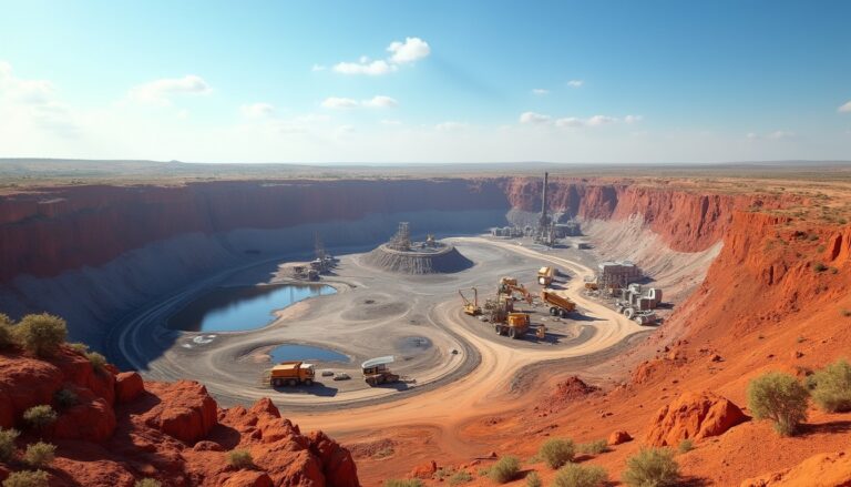 Open-pit mine in a red desert, with machinery and a clear blue sky.