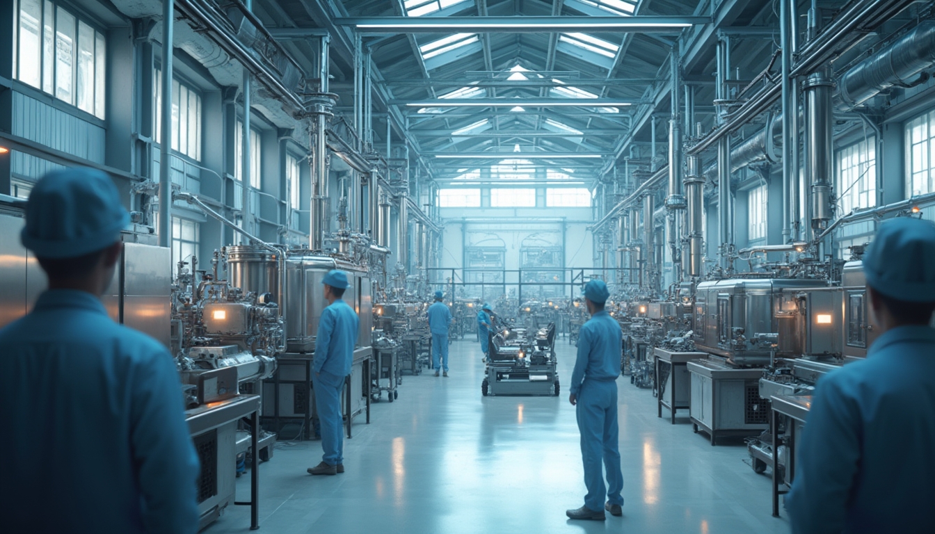 Workers in blue uniforms in a large industrial manufacturing facility with machinery.