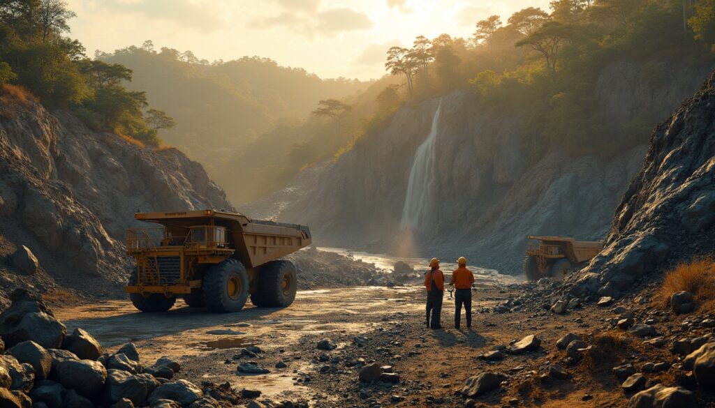 Two workers near large trucks in a quarry with a waterfall and lush trees under soft sunlight.