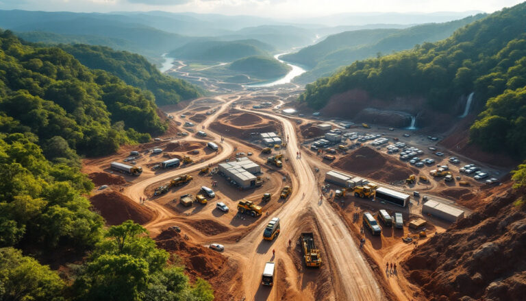 Lightning Minerals Ltd-L1M-Aerial view of a large open construction site surrounded by lush green hills and a winding river.