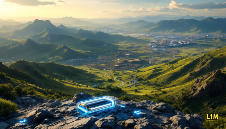 Lightning Minerals Ltd-L1M-Futuristic battery on rocky hilltop overlooking a vast green valley at sunset.