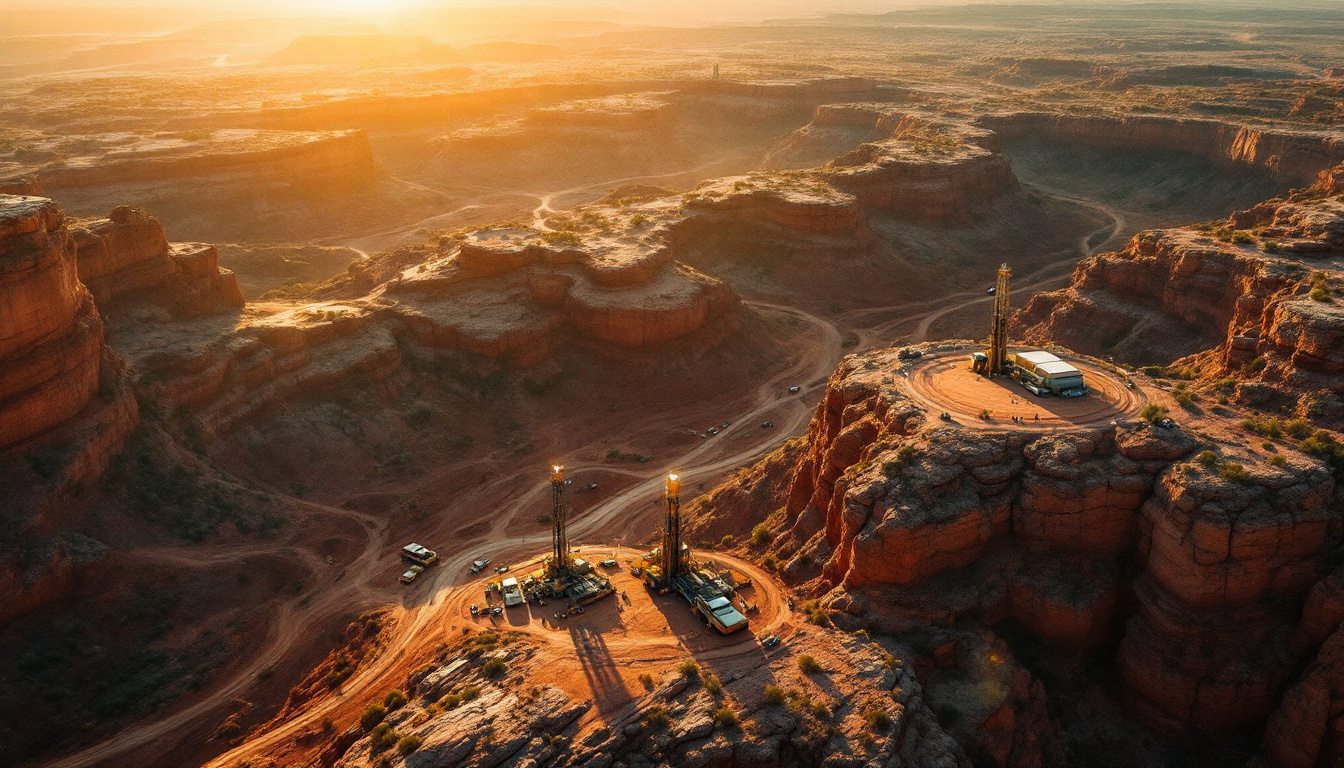 Litchfield Minerals Ltd-LMS-Sunset view of oil rigs on rocky desert plateaus, surrounded by canyons and dirt roads.