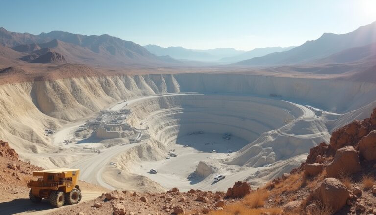 Large open-pit mine with heavy machinery against a mountainous desert backdrop.