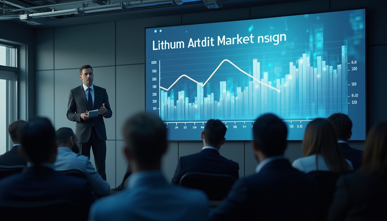 Presenter discussing lithium market trends in front of a graph-filled screen at a conference.