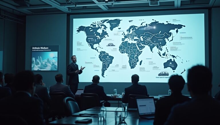 Man presenting a world map in a dimly lit conference room to an audience.