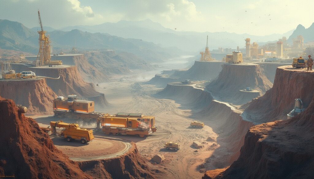 Futuristic landscape with mining equipment on red-hued cliffs under a bright sky.